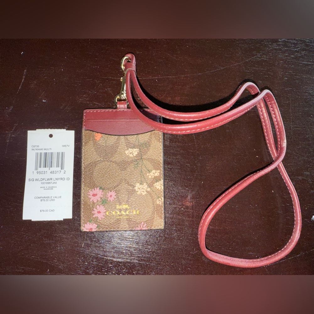 Coach Floral Signature Brown and Pink Lanyard Card Holder
